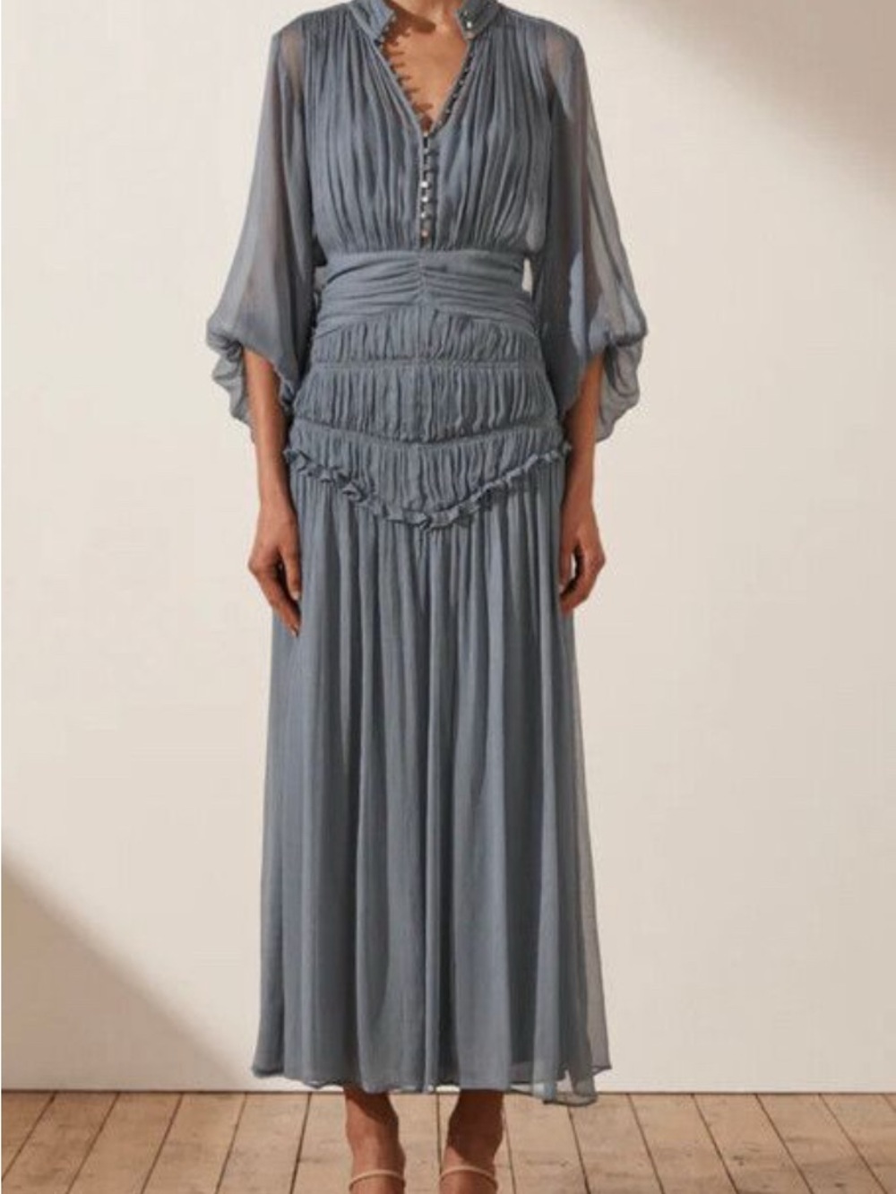 Shona Joy Slate Pleated Ruffle Maxi Dress